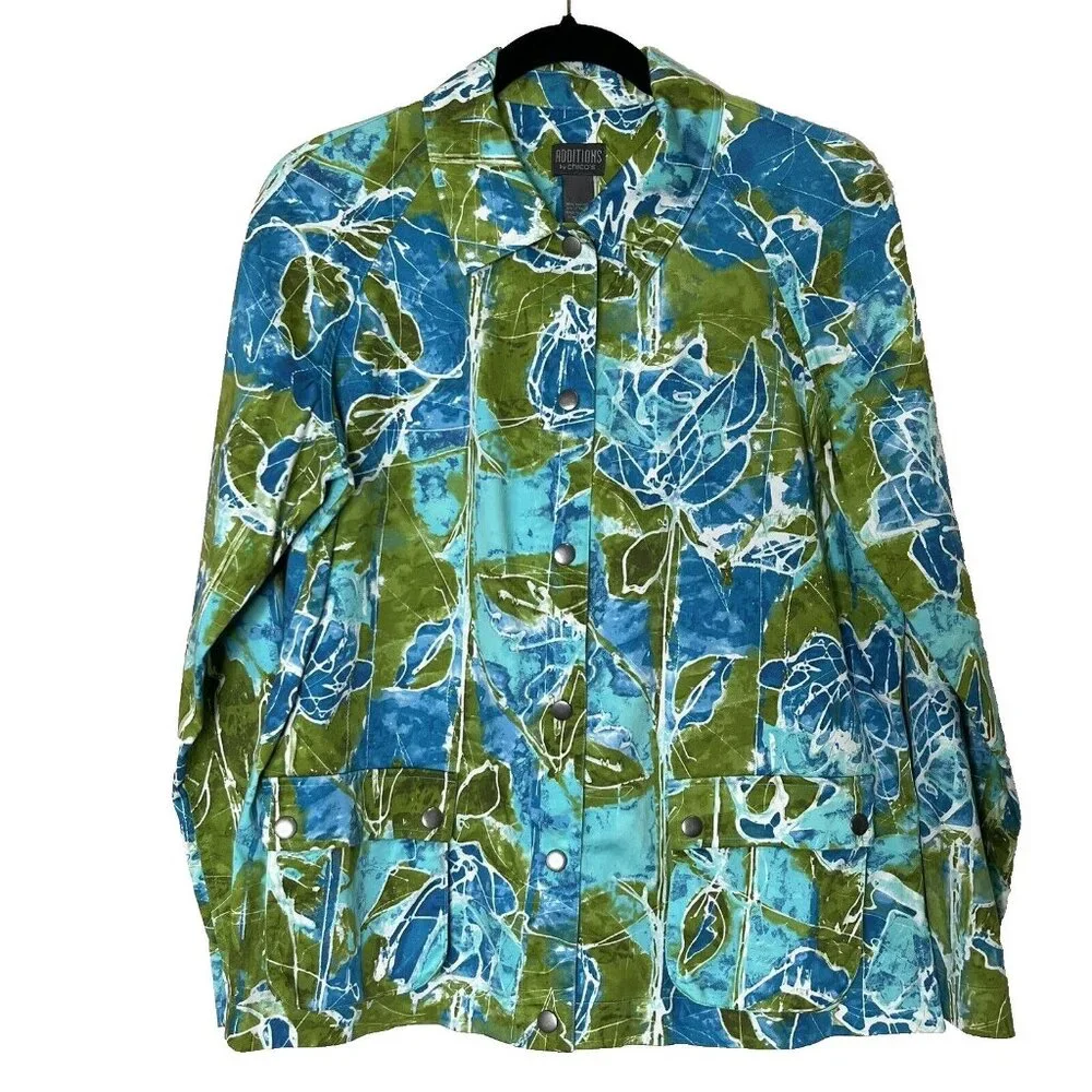 Chico's Women's Artsy Floral Jacket Snap Pockets Lightweight Size 2 L Blue Green